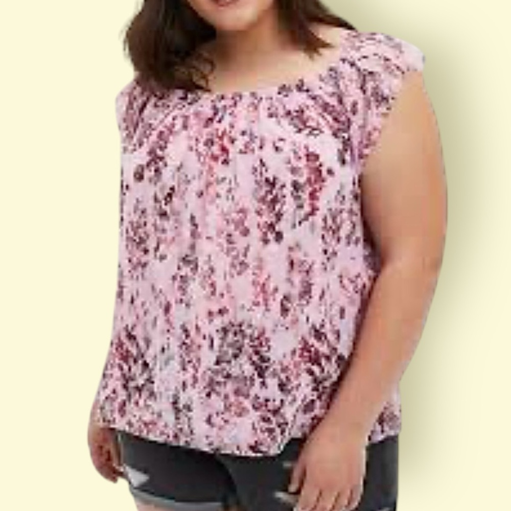 Torrid Clip Dot Smocked Round Neckline Flutter Sleeve Top 2X Floral Pink